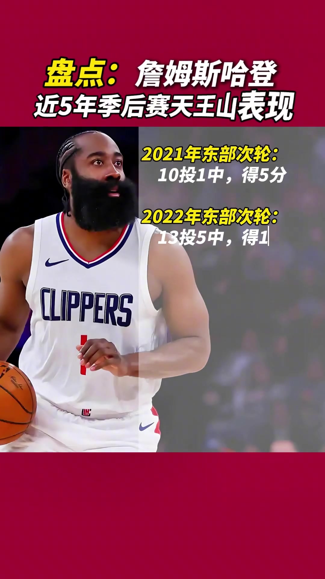 真的是心魔嗎？哈登近幾年天王山的表現(xiàn)：21年曾10中1僅5分